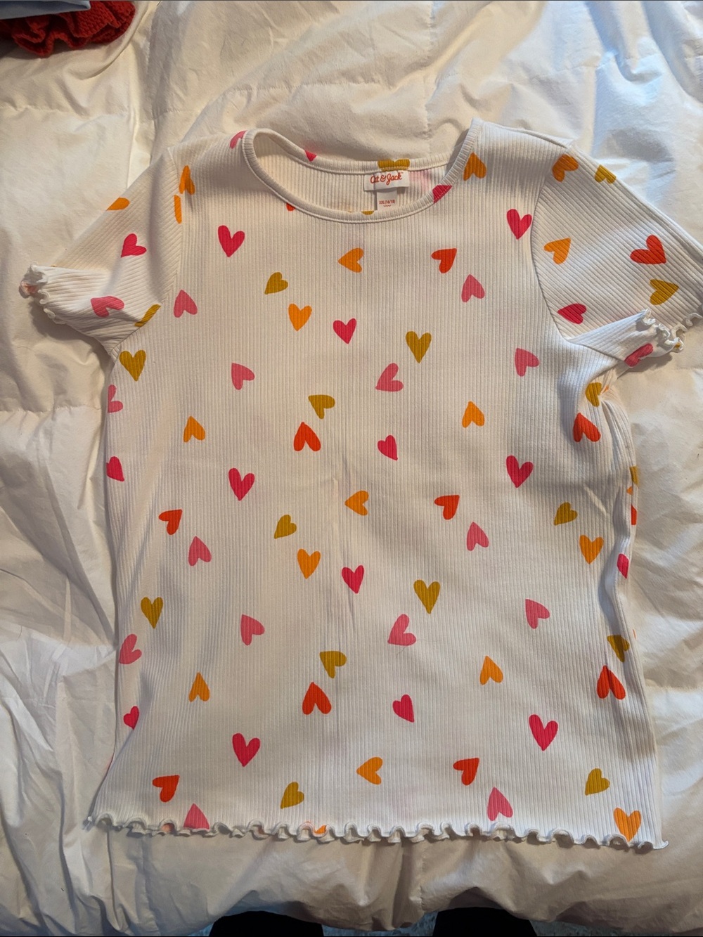 Cat & Jack White Ribbed Tee with Pink, Orange & Yellow Hearts